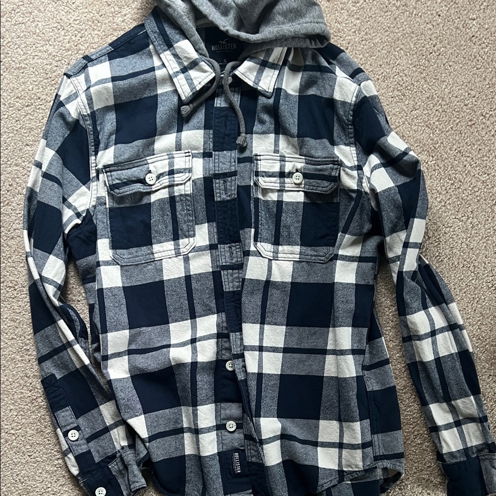 New Hollister Navy and White Checkered Hoodie Shirt